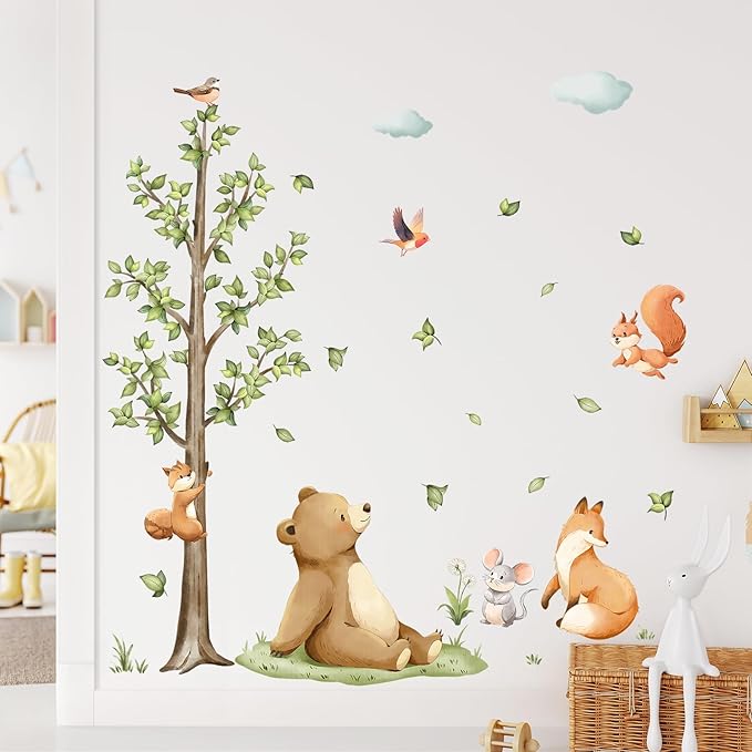 Tanlaby Forest Animals Tree Wall Decals Bear Fox Safari Wall Stickers Peel and Stick Large Green Tree Art Decor for Baby Nursery Kids Toddler Bedroom Playroom