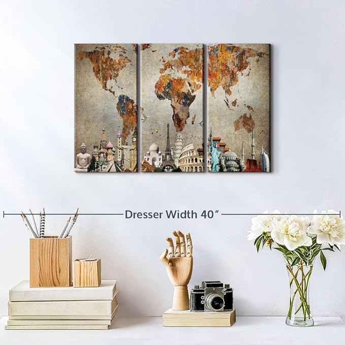 ElephantStock Rusty World Map Multi Piece Canvas - 3 Piece Canvas World Map Wall Decor - Wall Decor - Ready-to-Hang Print - Vintage Wall Art - 23" X 14"