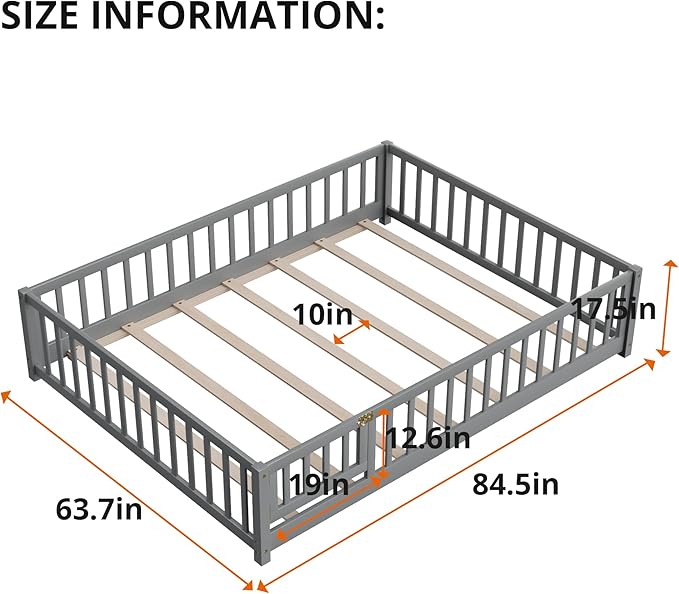 i-POOK Queen Floor Bed for Children, Sturdy Wood Montessori Bed Frame with Wood Slats, Fence & Door, Montessori Floor Bed for Girls and Boys, Gray