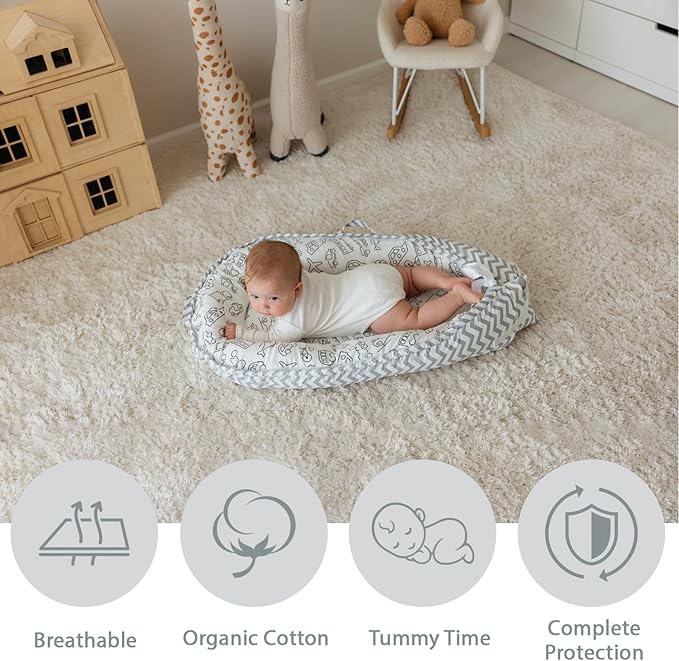 Baby Lounger | Organic Cotton Infant Lounger | Reversible, Adjustable & Portable Floor Lounger |Supervised Use | Soft, Breathable, Washable Cover - Star Collection (Travel Gray)