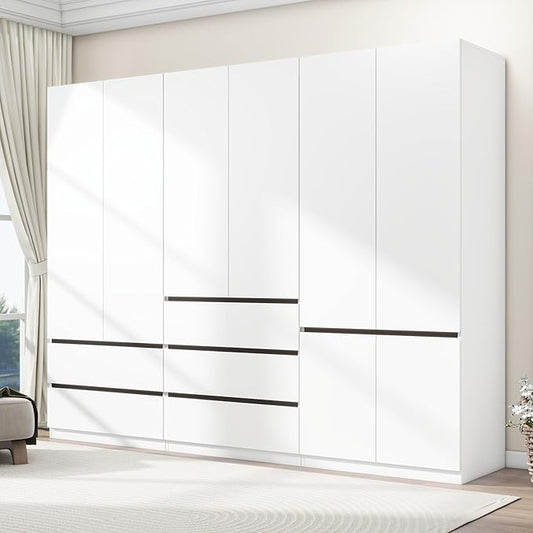 Armoire Wardrobe Closet with Drawers：75" Large White Wardrobe Closet Cabinet with 6 Doors for Hanging Clothes, Modern Wooden Bedroom Armoires with 5 Drawers and Storage (A+B+C, 94.5")