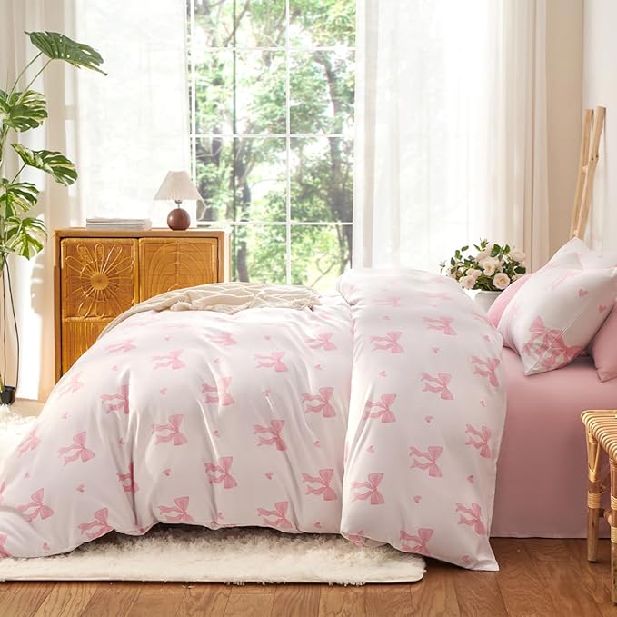 Bow Bedding Duvet Cover King 3Pcs Pink Heart Bedding Set for Girls Kids,Cute Princess Style Bowknot Love Heart Design,Ultra Soft Comforter Cover with 2 Pillowcases(No Comforter)