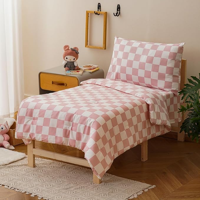 KAREVER Grid Toddler Bedding Set Pink White Checkered 4 Pieces Crib Bed Set Kids Pliad Comforter Set