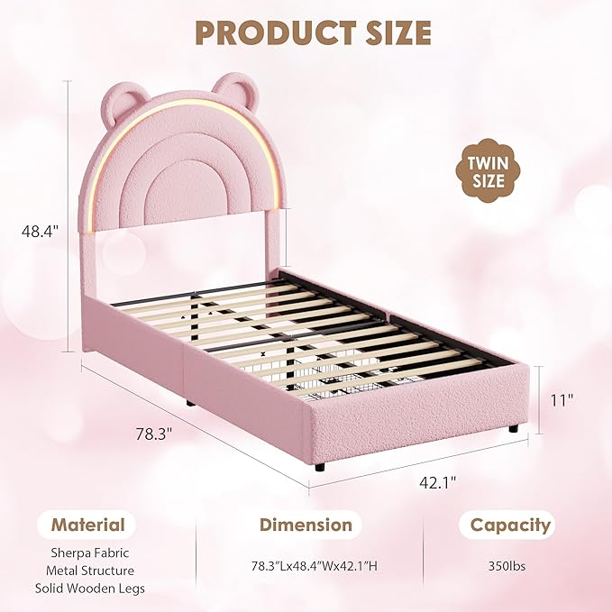 Garvee Princess Twin Size Bed Frame with 2 Storage Drawers & LED Lights, Velvet Upholstered Platform Bed with Rainbow Headboard for Kids/Girls, Solid Wood Slats Support, No Box Spring Needed, Pink