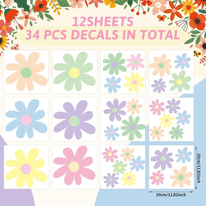 TaoBary 12 Sheets Daisy Wall Decal Flower Wall Sticker Cute Daisy Sticker Pink White Flower Decal Peel and Stick Floral Wallpaper for Nursery Bedroom Home Decor(Fresh Color,Attractive Style)