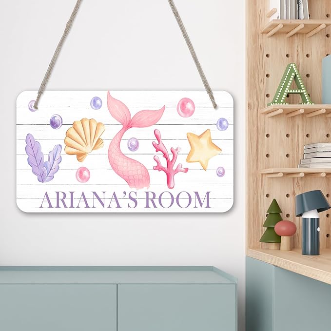Mermaid Design Sea Theme Personalized Room Door Sign Custom Name Signs Kids Girls Bedroom Decor Nursery Dorm Farmhouse Baby Room Wood Hanger Art Wall Plaque 12x6 Inches