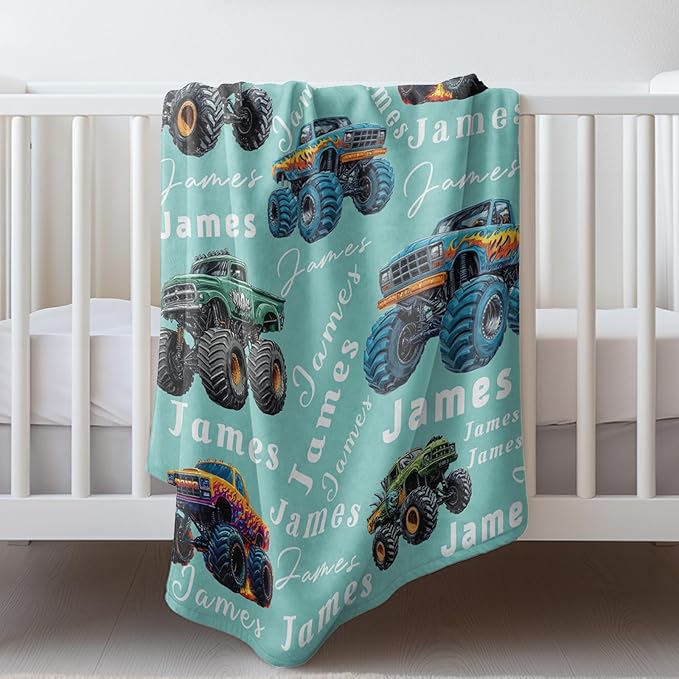 Ship Next Day, Personalized Truck Blanket - Printed in USA, Custom Name Blankets for Kids with Big Off Road Auto Vehicle Graphic, Home Bedding Decor, Fun Birthday Gift for Boys&Girls Women Man