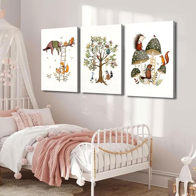 3Pcs Woodland Safari Animals Nursery Canvas Wall Art Baby Jungle Small Animal Wall Decor Pictures Tree Bear Rabbit Fox Hedgehog Kids Posters Prints for Classroom Children Bedroom Decoration