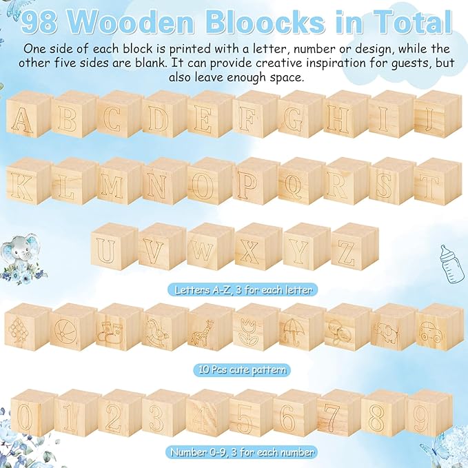 Marsui 136 Pcs Baby Shower Blocks to Decorate Game Kit Includes 98 Wooden Blocks, 36 Markers, 1 Game Sign, 1 Storage Box for Baby Shower Gender Reveal Activity Party Decorations(Blue Butterfly)