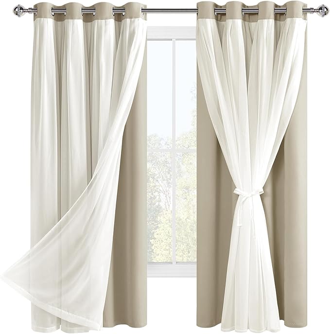 Hiasan Blackout Curtains with Sheer Overlay, Grommet Thermal Insulated Privacy Mix and Match Double Layer Window Curtains for Bedroom, Living Room, 2 Drape Panels Sewn with Tiebacks, Taupe, 52W X 63L