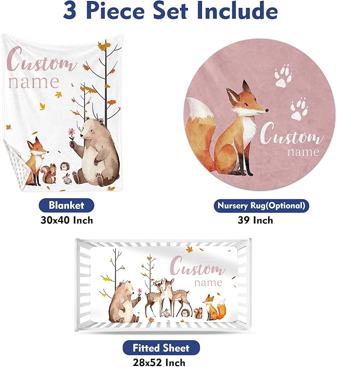 Custom Baby Crib Bedding Set - Fox Sika Deer Design Personalized Name Baby Nursery Bedding 3 Pcs Set - Chic Soft Blanket, Fitted Sheet, Room Rug for Newborns Boys Girls Gifts