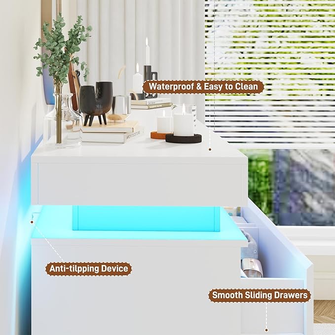 12 Drawer Dresser for Bedroom, 70" Wide 44" Tall Dresser with LED Light & Charging Station, Modern Chest of Drawers for Closet, Living Room, Entryway, Hallway (White, 12 Drawers)