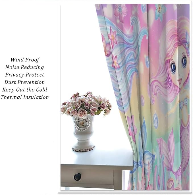 Cartoon Mermaid Kids Curtain Fantasy Ocean Theme Coral Flower Floral Window Treatment for Kids Girls Bedroom Nursery Room Decor Rod Pocket Blackout Window Drapes 55x63in