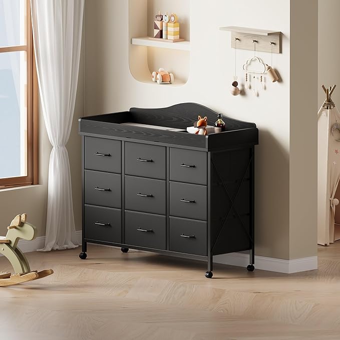 Baby Changing Table with 9 Fabric Drawers, Waterproof Diaper Changing Station & Pad, Mobile Nursery Diaper Changing Table, Baby Furniture, Bedroom, Black