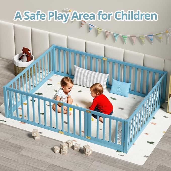 LLS Queen Size Floor Bed with 21.6" High Fence for Kids Boys Girls, Solid Wood Multifunctional Montessori Bed Frame with Door, Without Slats, Sky