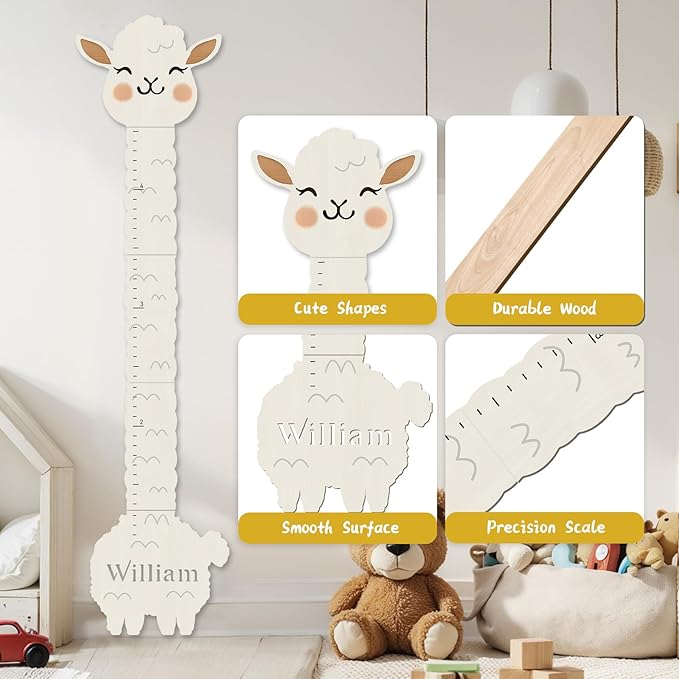 Personalized Name Height Chart for Wall, Alpaca Wood Growth Chart, Height Measurement for Wall Girls Boys Teen Room Wall Decor 63" x 15.7"