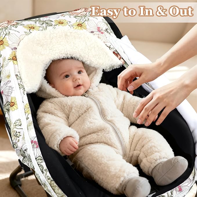 Winter Car Seat Cover for Babies Girl Boy, Super Warm Plush Fleece Infant Carseat Cover for Stroller Car Seat, Double Sides Zipper Winter Car Seat Canopy for Newborn, Yellow Vintage Floral