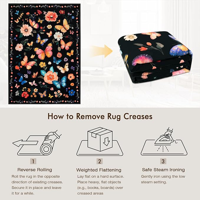 5x7 Machine Washable Area Rug, Non-Slip Vintage Floral Floor Rugs for Kids, Low Pile Room Carpet for Living Room, Bedroom, Dining Room & Nursery(5x7 Black Floral)