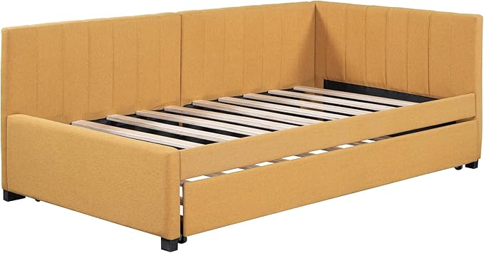 Harper & Bright Designs Upholstered Daybed with Trundle Twin Size Sofa Bed Frame No Box Spring Needed, Linen Fabric(Yellow)