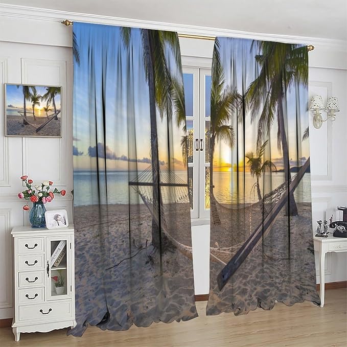 Ocean Beach Curtains,Morning Sunrise Hawaiian Seaside Scene Pattern Blackout Print Home Bedroom Living Room Window Treatments 2 Panel Set 63x72 Inch