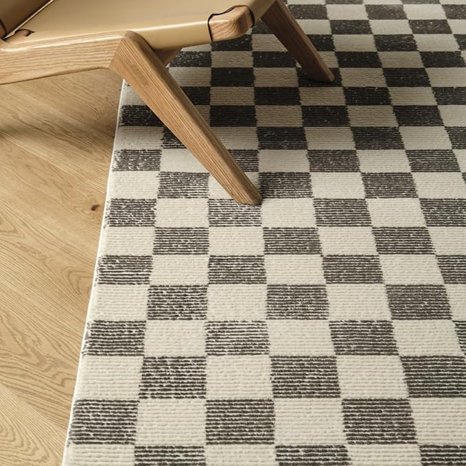 Revival Rugs Gambit 7'10"x10' Checkered Rug Washable Area Rug for Living Room Bedroom - 100% Recycled Oeko-TEX Certified, Medium Pile, Gray, Beige