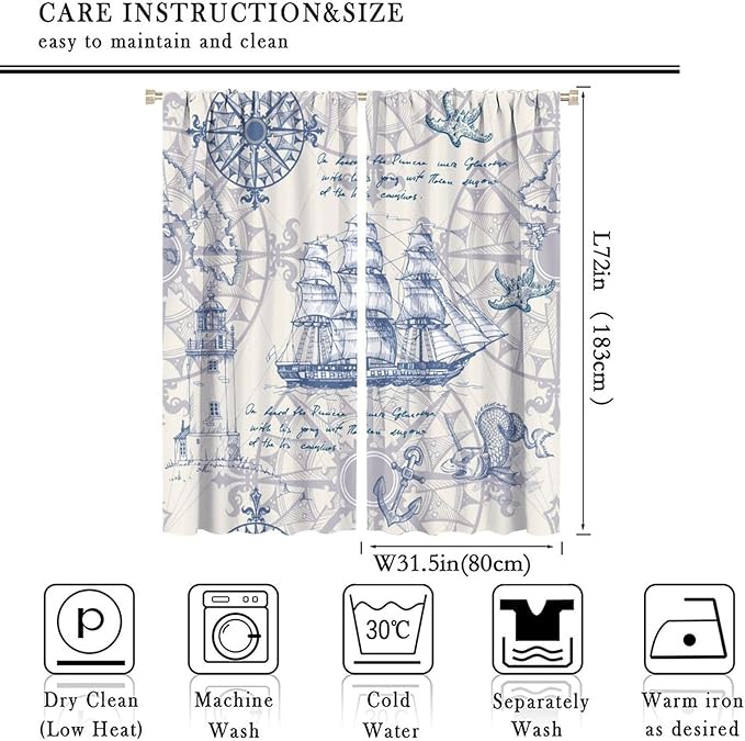 Nautical Sailboat Map Curtain,Ship Compass Lighthouse Anchor Decorative Curtain Polyester Fabric Waterproof Bedroom Curtain Set 2 Panels,63x72 Inches