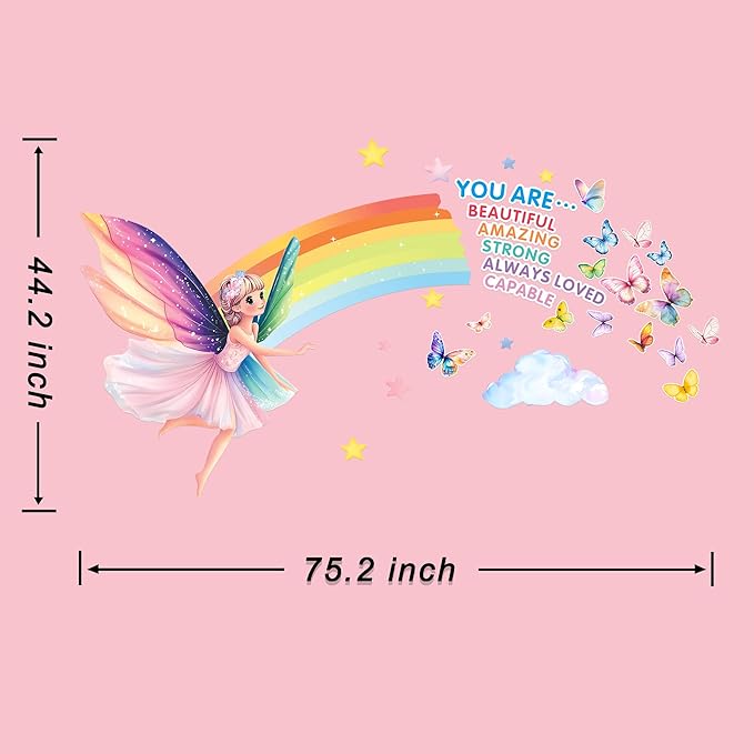 3D Fairy Wall Stickers for Girls Room Decor Wall Decals Peel and Stick for Girls Bedroom Large Pink Princess Pictures Kids Murals Wallpaper Art Inspirational Decor for Nursery Toddler