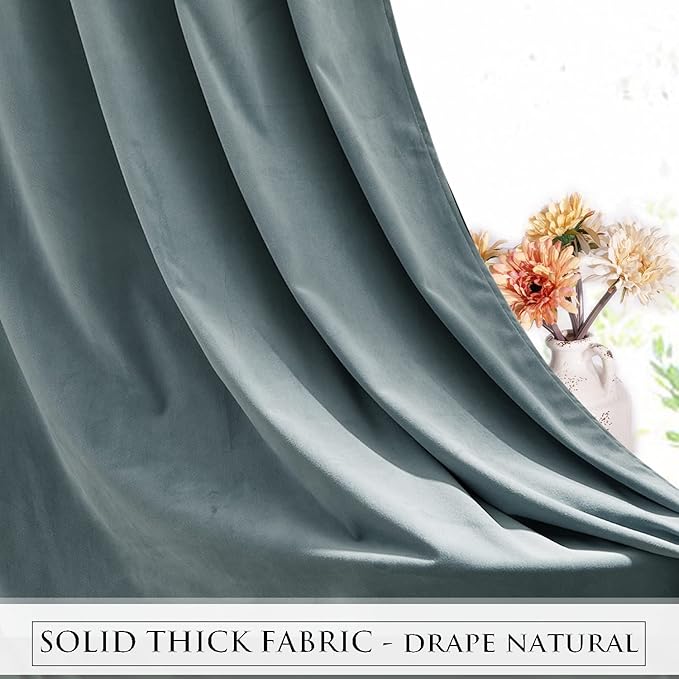 StangH Pinch Pleat Stone Blue Velvet Curtains for Nursery Bedroom, Thermal Insulated Window Drapes for Living Room Back Tab Light Dimming Sliding Door Curtains, W30 x L96, 2 Panels