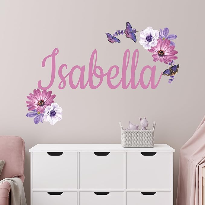 Butterfly Custom Name Wall Decal - Personalized Name Butterfly Decor - Custom Wall Sticker for Girls Rooms - Removable Flower Mural for Nursery Wall decor- Beautiful Floral Design (Wide 10"x7" Height)