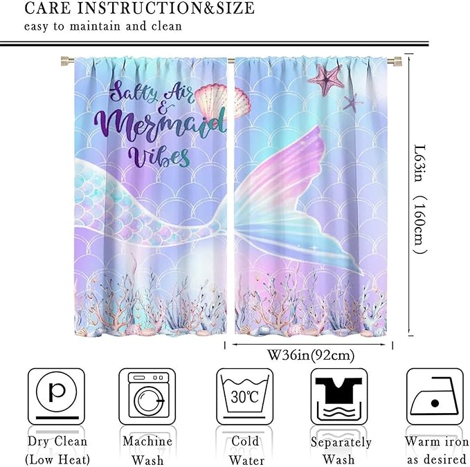 Fantasy Mermaid Curtain Colorful Rainbow Fish Tail Ocean Theme Beautiful Kids Window Treatment for Girls Bedroom Nursery Room Decor Rod Pocket Window Drapes 72x63in