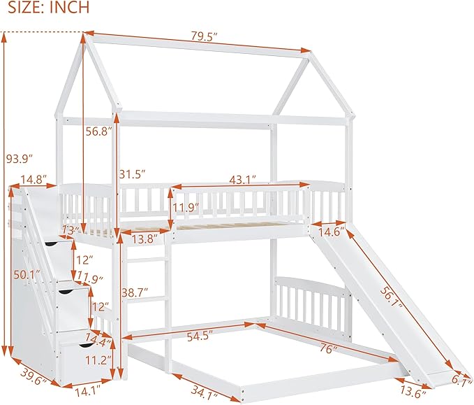 MERITLINE Twin Over Full L Shaped Bunk Bed for 2,Solid Wood House Floor Bunk Bed with Slide and Storage Stairs,No Box Spring Needed (White)