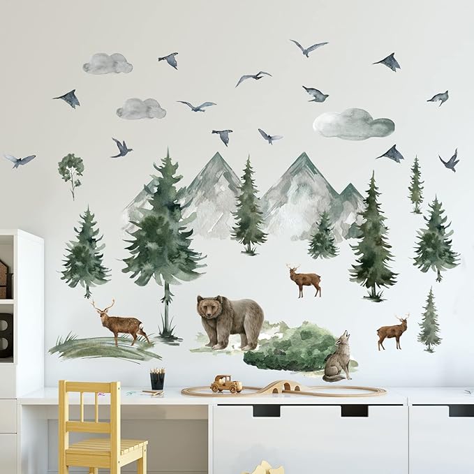 Woodland Nursery Wall Stickers Watercolor Mountain Tree Wall Decal Jungle Trees Animals Home Decals Sticker DIY Cartoon Deer Bear Wolf Forest Animal Home Sticker for Kids Room Bedroom Nursery Decor