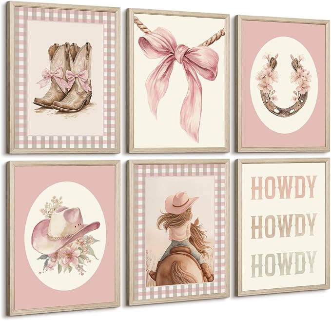 Western Cowgirl Nursery Wall Art Decor Vintage Girl Room Canvas Poster Pink Coquette Nursery Art Prints Preppy Aesthetic Pictures Bow Floral Boots Artwork for Girls Bedroom 12x16 Inch Framed 6Pcs