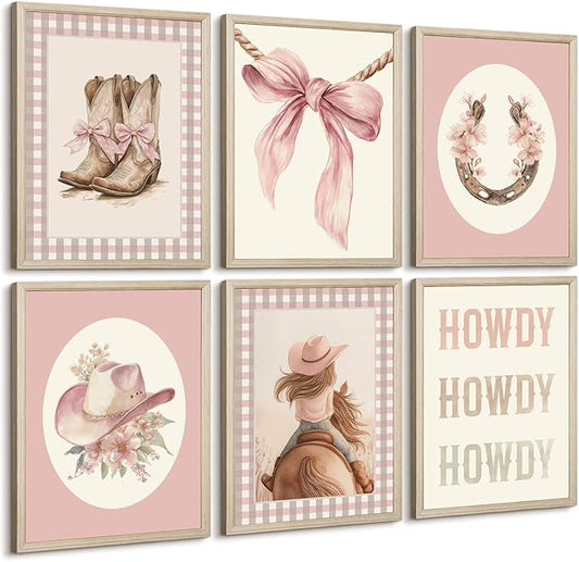 Western Cowgirl Nursery Wall Art Decor Vintage Girl Room Canvas Poster Pink Coquette Nursery Art Prints Preppy Aesthetic Pictures Bow Floral Boots Artwork for Girls Bedroom 12x16 Inch Framed 6Pcs