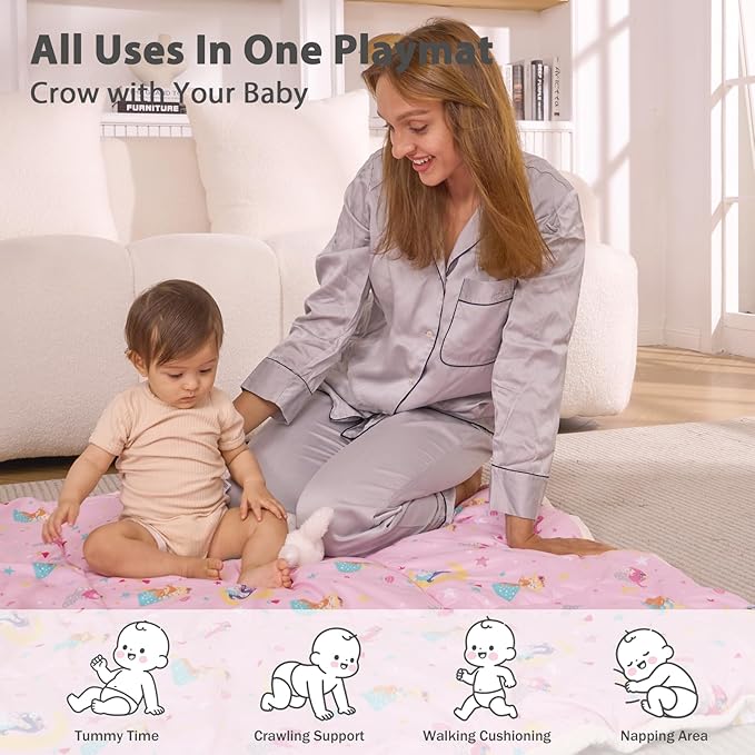 Little Grape Land Baby Mat for Floor 71x59 Soft Padded Playpen for Crawling, Tummy Time & Play, Non-Slip, Machine Washable Fairy mat for Infants & Toddlers, Foldable Outdoor Mat with Handle