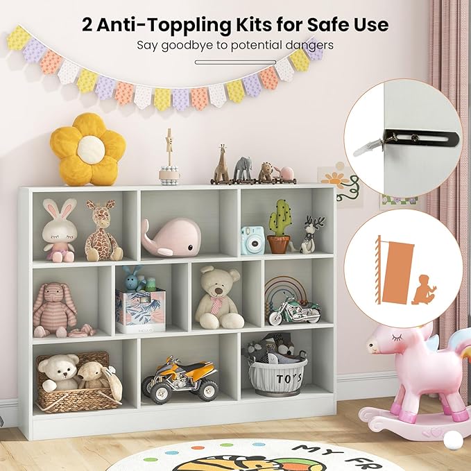 Costzon 10-Cube Bookshelf for Kids, Wooden Toy Storage Organizer w/ 2 Anti-Toppling Kits, 3 Tier Open Shelves & Non-Slip Foot Pads, Montessori Toy Shelf for Kids Rooms, Playroom, Classroom, Nursery