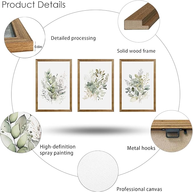 WRFON Watercolor Botanical Wall Art Set of 3 Boho Sage Green Wildflower Canvas Wall Art Prints Modern Floral Wall Decor for Bedroom Living Room Bathroom Decorations Wood Framed 12x16 Inches