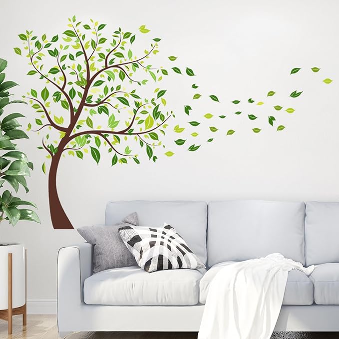 Green Tree Wall Decals Flying Leaves Wall Stickers Green Leaves Wall Decor for Bedroom Nursery Living Room Home Wall Decor (Green-Tree)