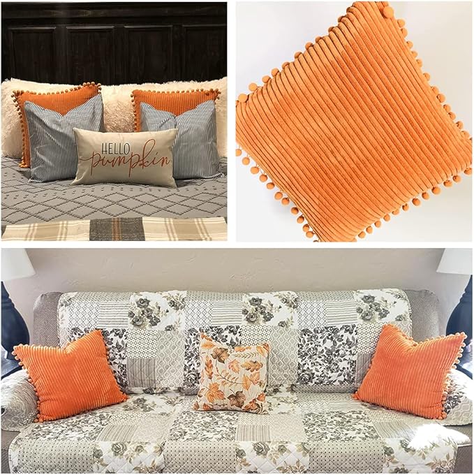 Fancy Homi 2 Packs Brunt Orange Decorative Throw Pillow Covers 22x22 Inch with Pom poms, Fall Home Decor, Soft Corduroy Accent Square Cushion Case for Living Room Couch Bed Sofa 55x55 cm