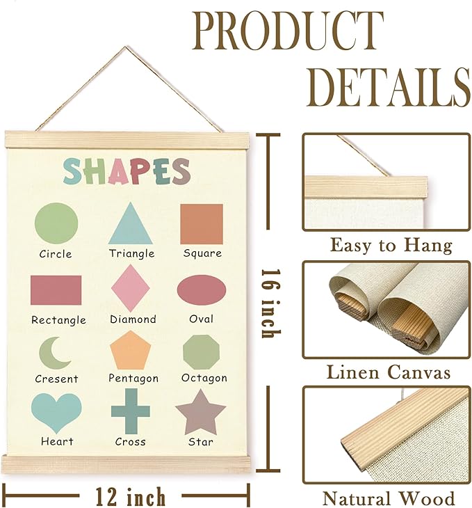 CGBHW Boho Educational Shape Poster Hanger Frame Set of 2, Geometry Number Learning Posters Wall Art Hanging Decor for Kids Room Nursery Classroom Home School Playroom Homeschool, 16x12 Inch