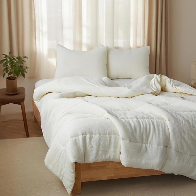 Simple&Opulence 100% Cotton Muslin Comforter Set King Size, 3PCS Washed Cotton Gauze Comforter, Soft Lightweight All Seasons Bedding Sets(Cream,King)