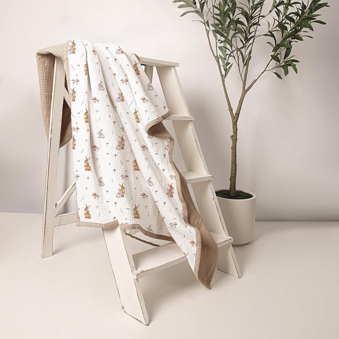 lulumoon Muslin Baby Blanket for Unisex: Cotton Baby Blanket with Bunny - Soft Breathable for Newborn Stroller & Daycare 47"x47" (Brown Bunny)