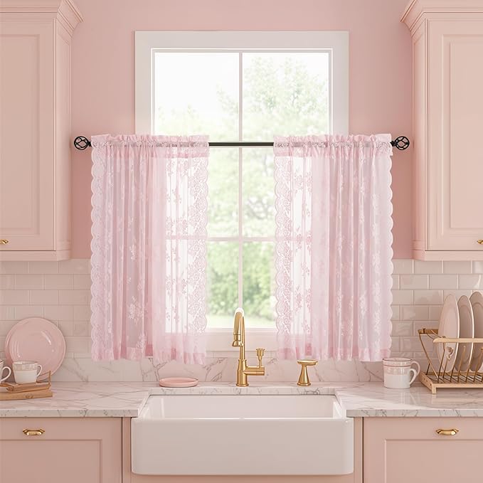 Pink Short Lace Curtains 36 Inch Length, 2 Panels, W42 x L36 Inch Each, Country Rustic Floral Short Sheer Curtains for Kitchen Window Over Sink, Rod Pocket Privacy Light Filtering Small Cafe Curtains