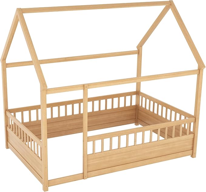 Bellemave Full House Bed for Kids, Wooden Kids bedframe with Rails and Storage, Montessori Floor beds with high guardrail Without slats, Natural