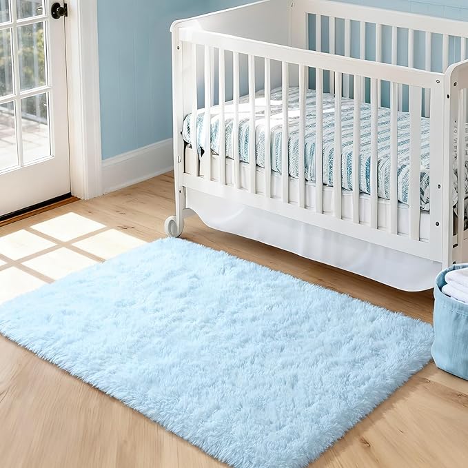 Merelax Soft Modern Indoor Shaggy Area Rug for Bedroom Livingroom Dorm Kids Room Home Decorative, Non-Slip Plush Fluffy Furry Fur Rugs Comfy Nursery Accent Floor Carpet 3x5 Feet, Baby Blue