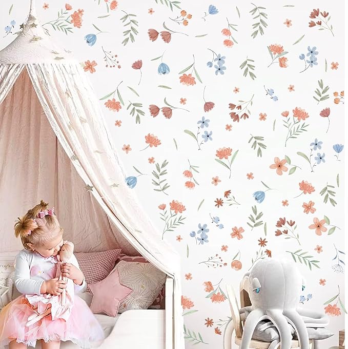 Boho Floral Wall Decals Small Flower Leaf Wall Stickers Watercolor Wildflower Botanical Plant Leaves Wall Stickers Removable Boho Flower Wall Decals for Nursery Kids Room Girls Bedroom Decor