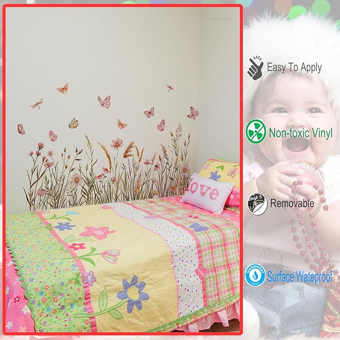 Boho Flower Wall Decals Foxtail Grass Plants Wildflower Floral Leaves Butterflies Dragonflies Wall Stickers for Bedroom Living Room Wall Art Décor