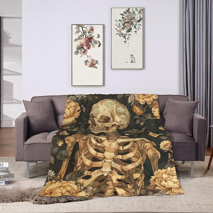 Gothic Skull Blanket Halloween Throw Blanket Spooky Skeleton Bones Flannel Stuff Merch Cozy Decor Fleece Plush Fuzzy Warm Soft Lightweight Bedding Gifts for Women Men Girl Boy Couch 50"X40"