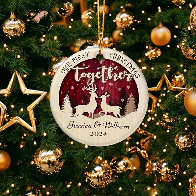 wowcugi Personalized First Christmas Together Ornament Personalized Reindeer Couple Ceramic Ornaments Engagement Ornament Wedding Keepsake Gifts for Newlywed Xmas Tree Decorations