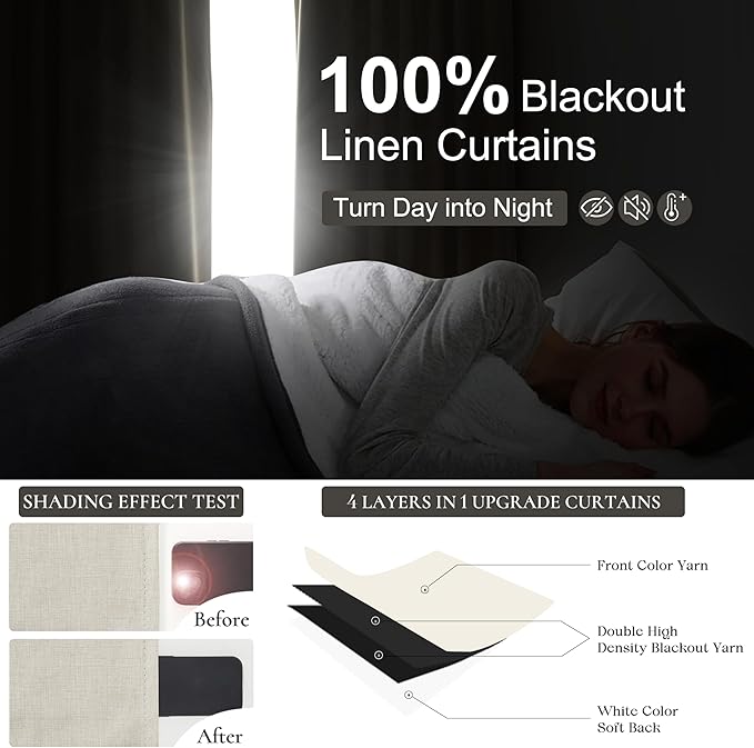 Floor to Ceiling Full Blackout Cream Linen 108 Inch Curtains 2 Panels Set for Sliding Glass Door, Luxury Pleated Thermal Window Drapes with Back Tab for Bedroom Thick Curtain 9 FT Room Darkening Burg